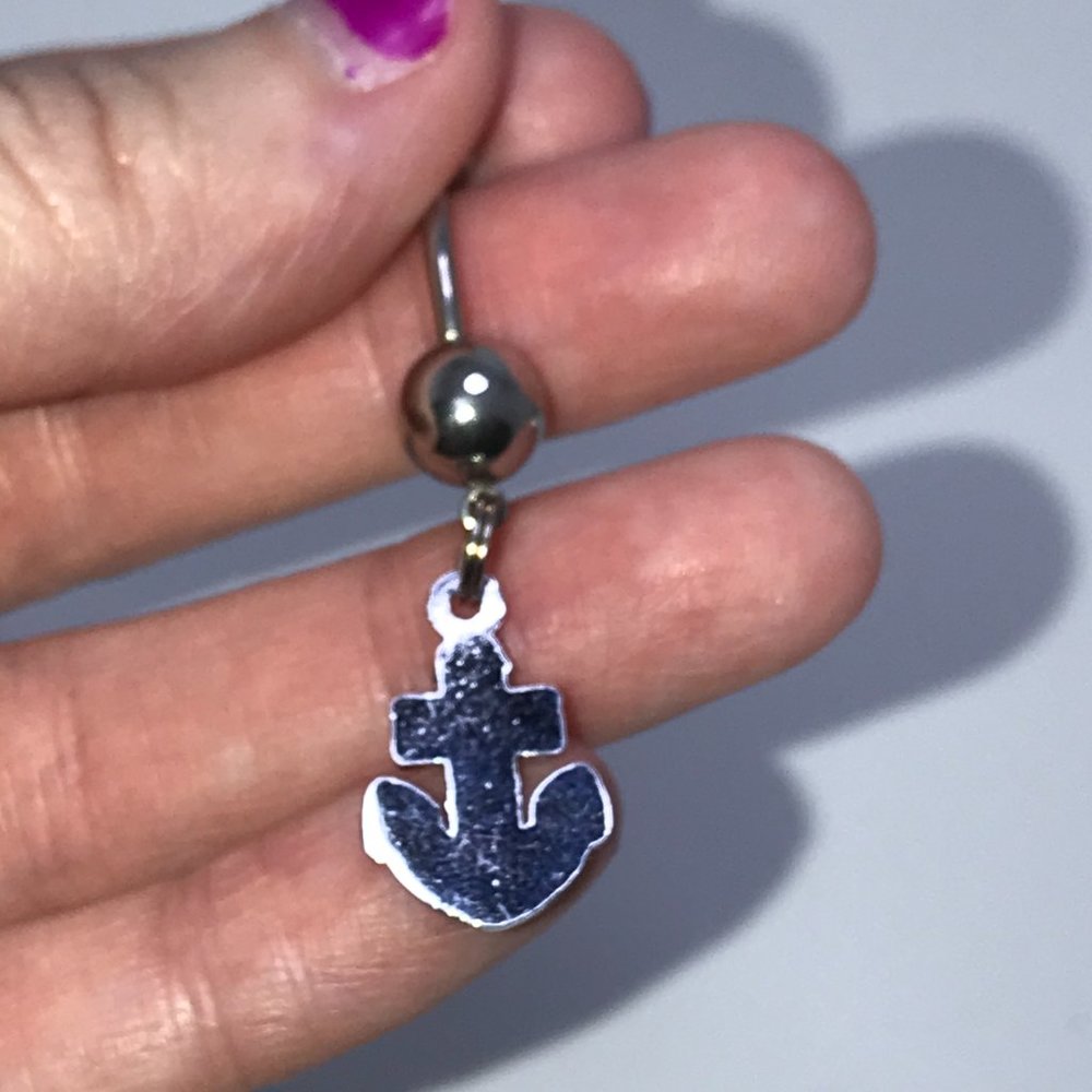 Hot Pink Rhinestone Anchor Design Dangle Belly Ring - Picture 3 of 4